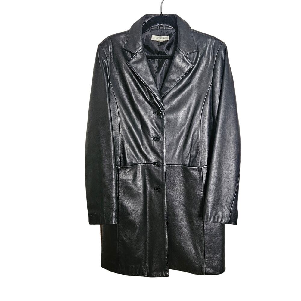 Black Leather Jacket Long Medium Buttons Pockets 90s 00s Y2k Vintage Above Knee